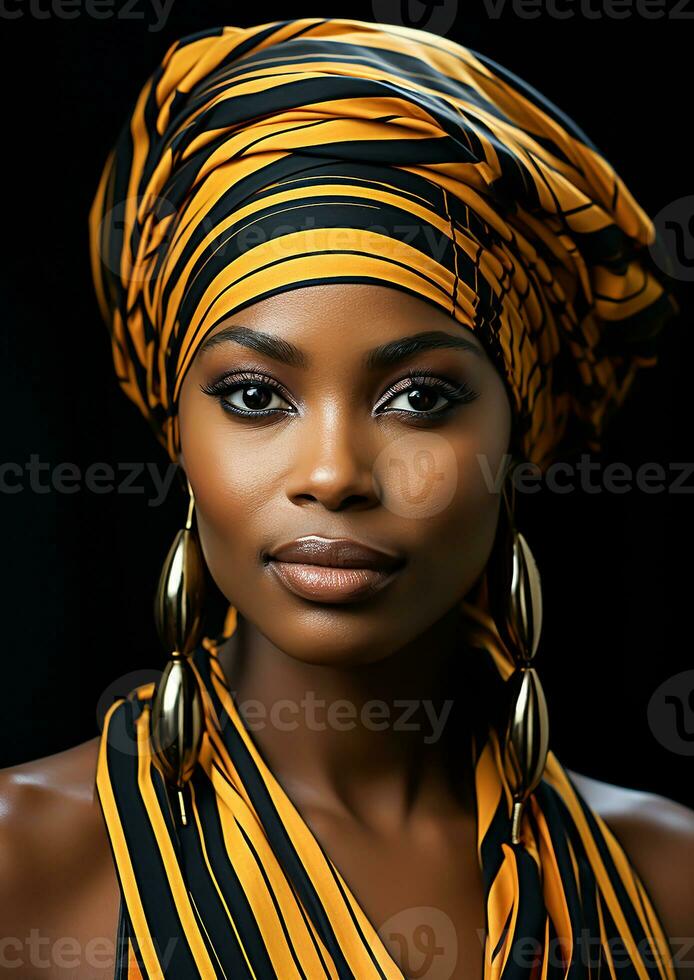 porträtt av mycket skön kvinna med traditionell afrikansk turban på henne huvud. ai genererad foto