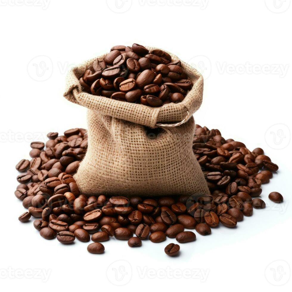 kaffe bönor i en säck isolerat på vit bakgrund ai genererad foto