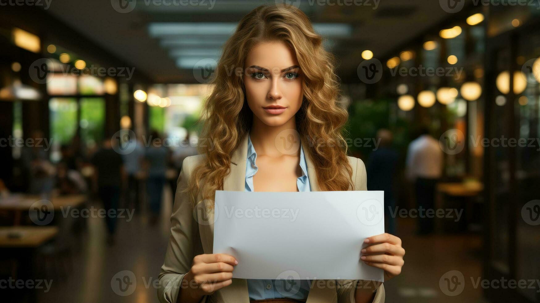 affärskvinna innehav en tom tecken ai genererad foto