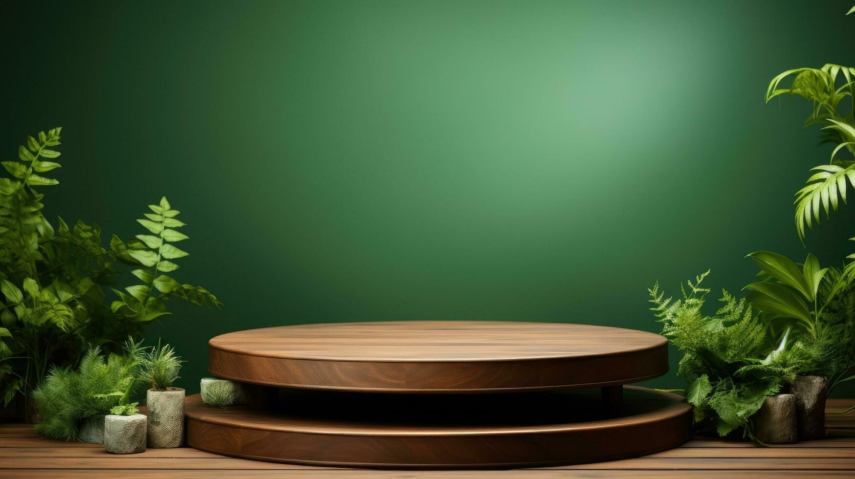 trä- podium med grön bakgrund ai genererad foto