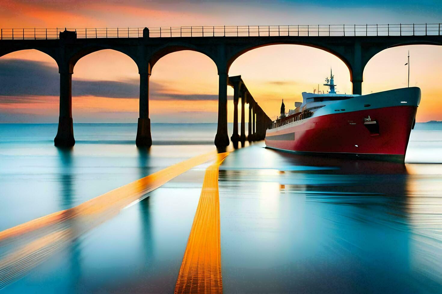 en båt är dockad under en bro på solnedgång. ai-genererad foto
