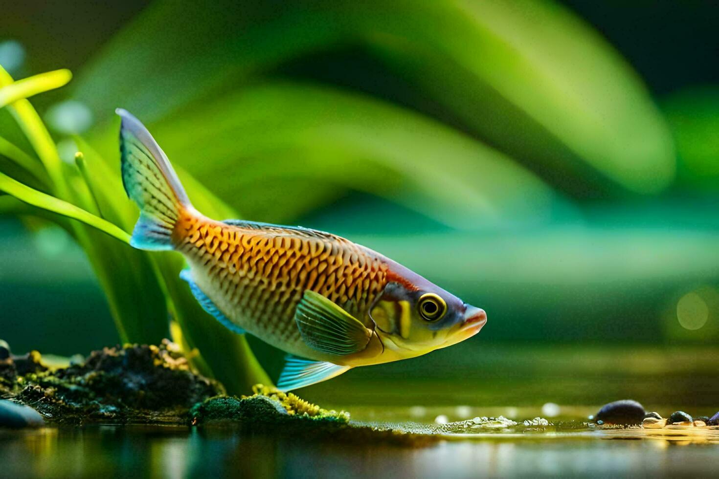 en fisk i de vatten med gräs och växter. ai-genererad foto