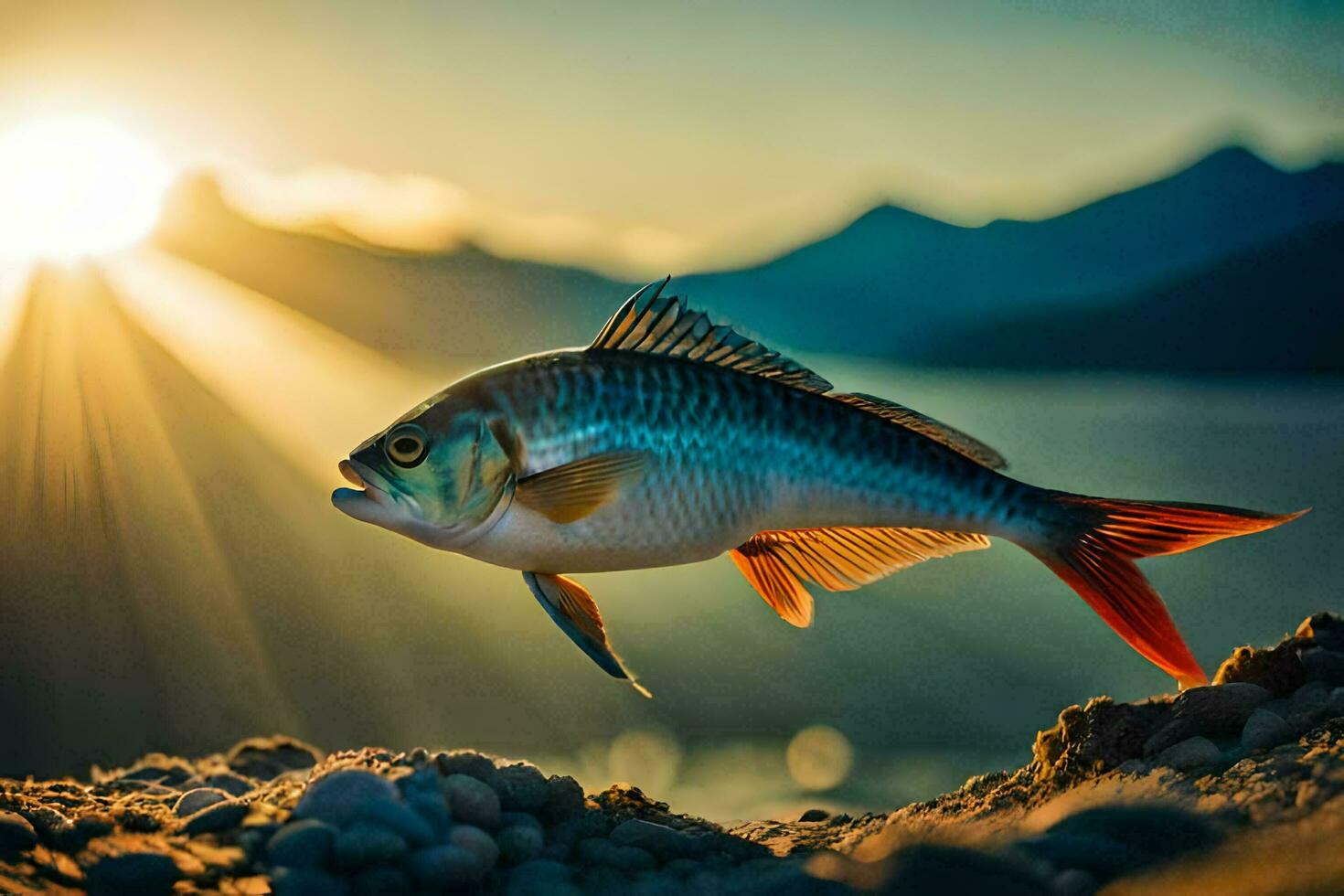 Foto tapet de himmel, fisk, de hav, de Sol, de berg, de hav,. ai-genererad