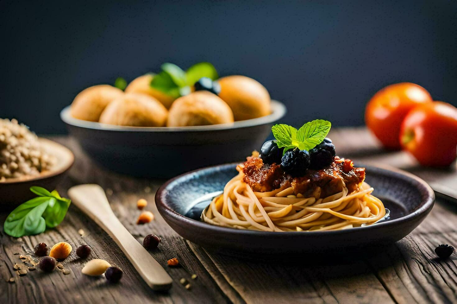 spaghetti med tomat sås och köttbullar på en trä- tabell. ai-genererad foto