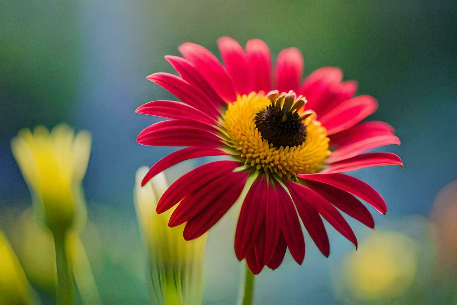 en röd blomma med gul Centrum i de mitten. ai-genererad foto