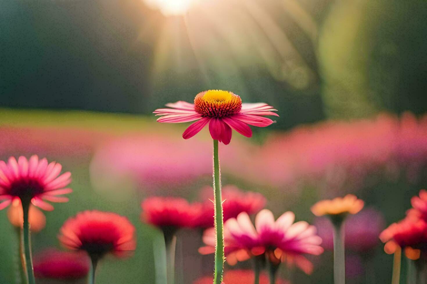 rosa blommor i en fält med Sol lysande. ai-genererad foto