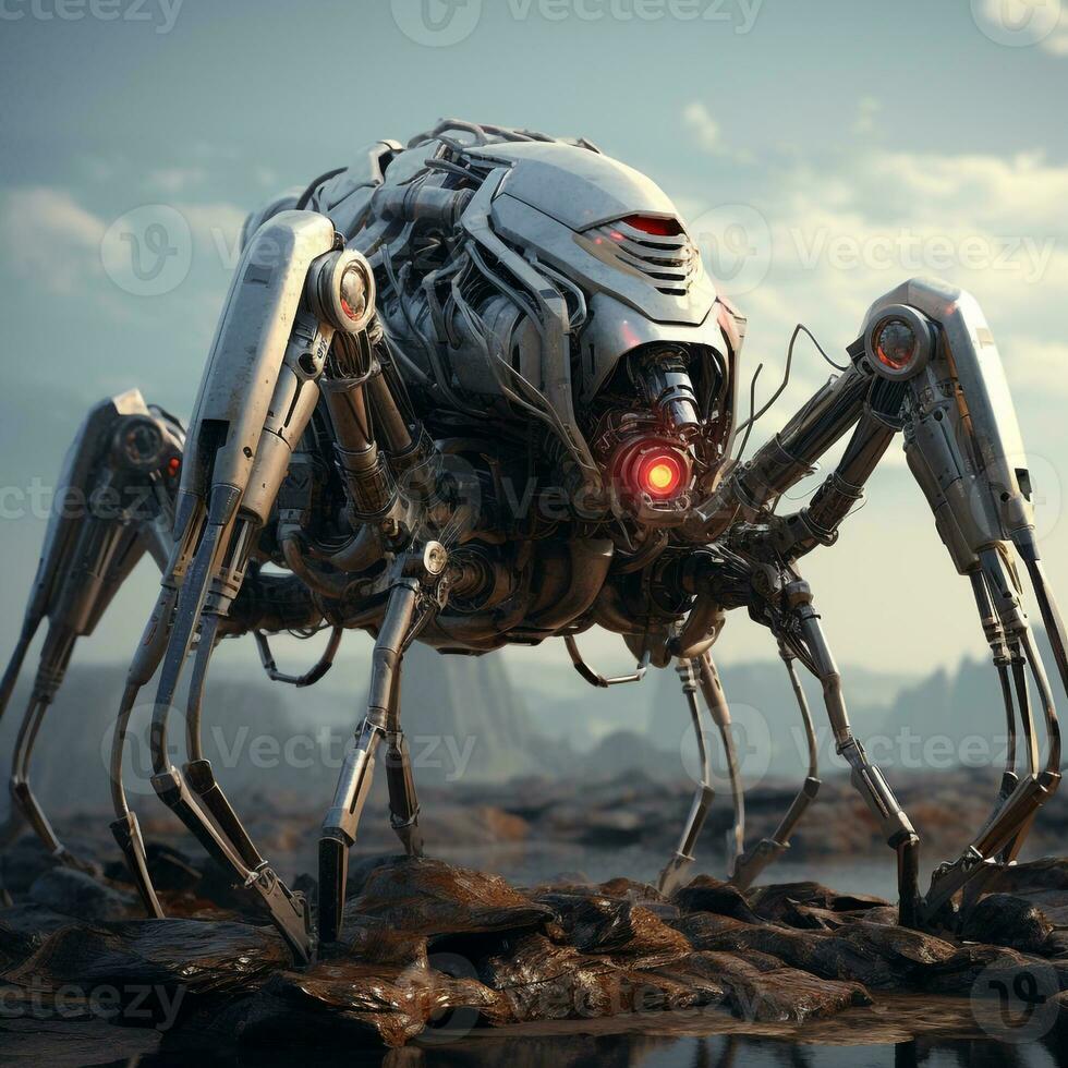 Spindel robot militär lasrar droid med generera ai foto