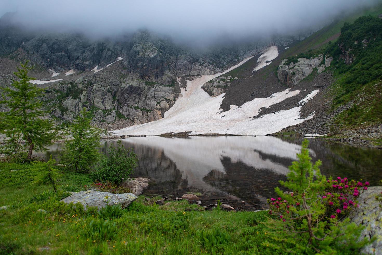 liten alpin sjö med förra sommarsnön foto