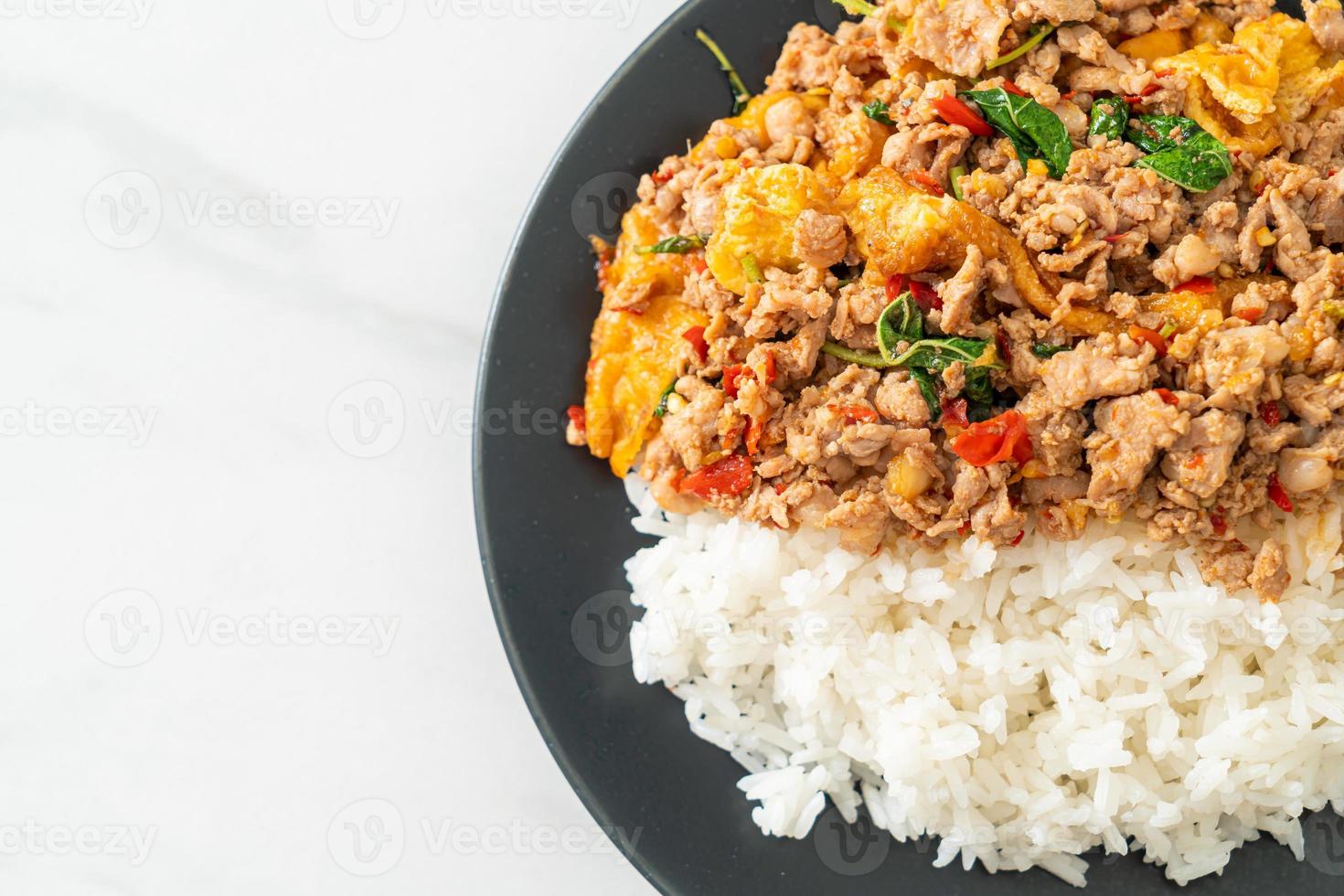 stekt köttfärs med basilika och ägg toppat på ris - asiatisk matstil foto