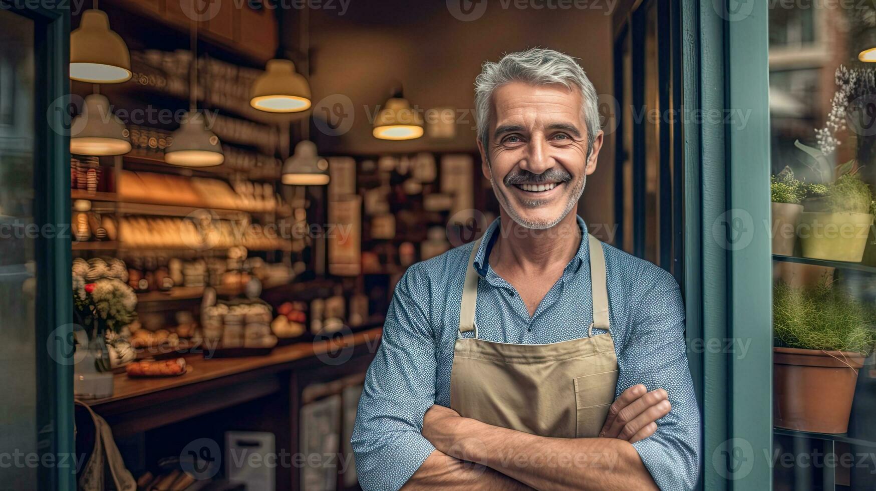 porträtt av Lycklig man stående på dörröppning av henne Lagra. glad mogna servitris väntar för klienter på kaffe affär. små företag ägare. generativ ai foto