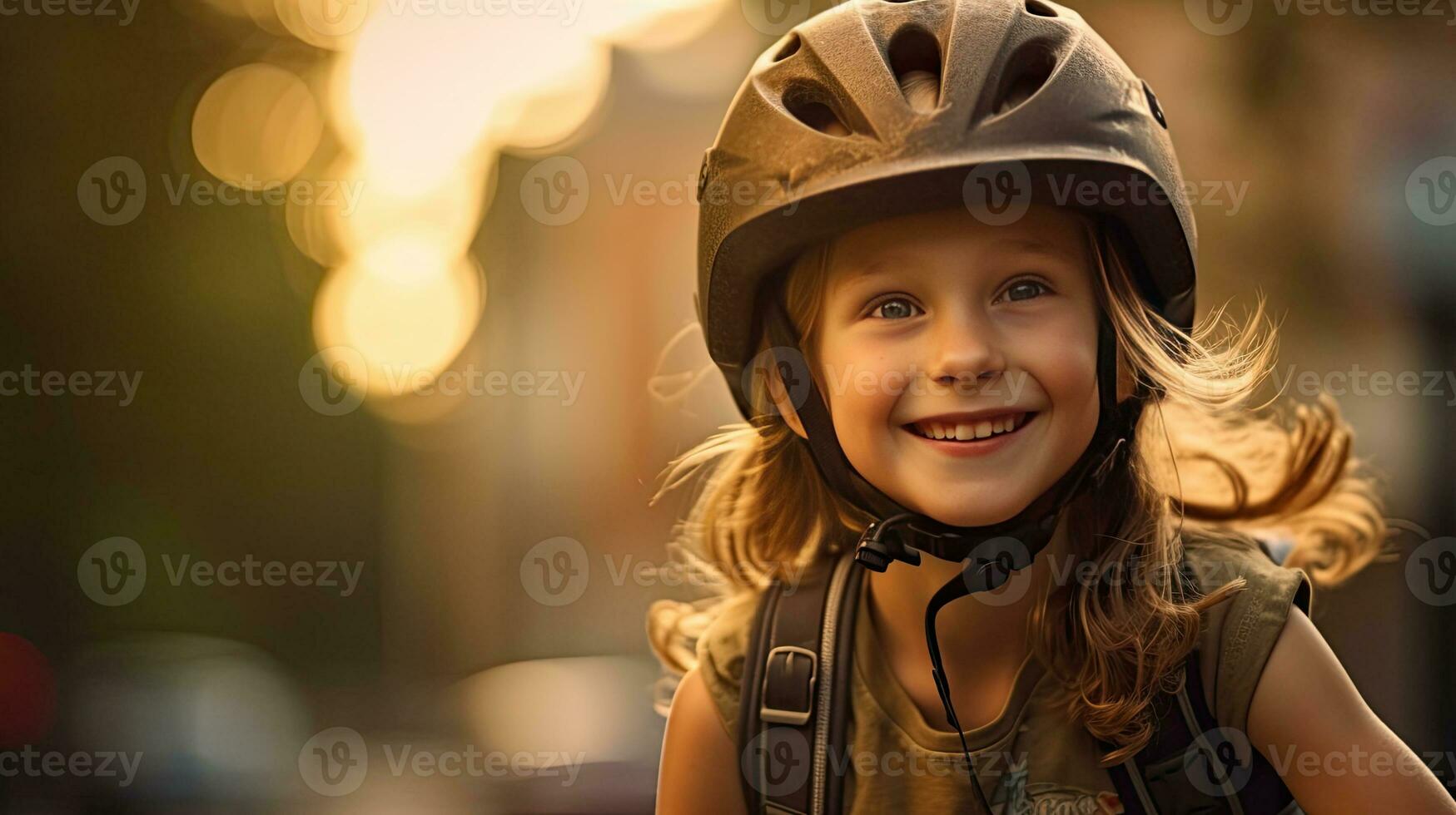 Lycklig porträtt av en ung flicka med en cykel hjälm på spelar utanför. generativ ai foto