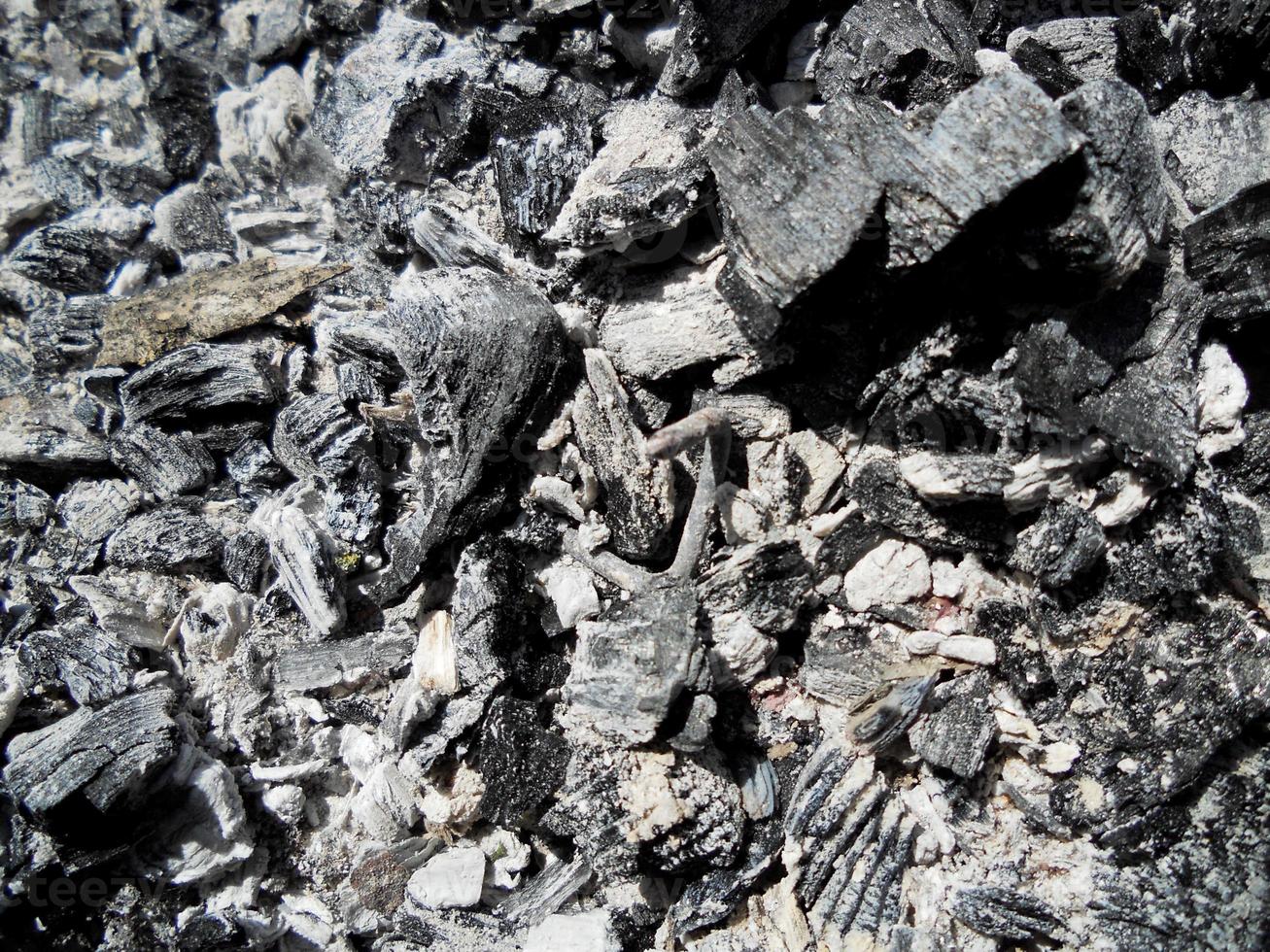 röd flamma från skivat trä, mörkgrå svart kol inuti metallpanna. foto