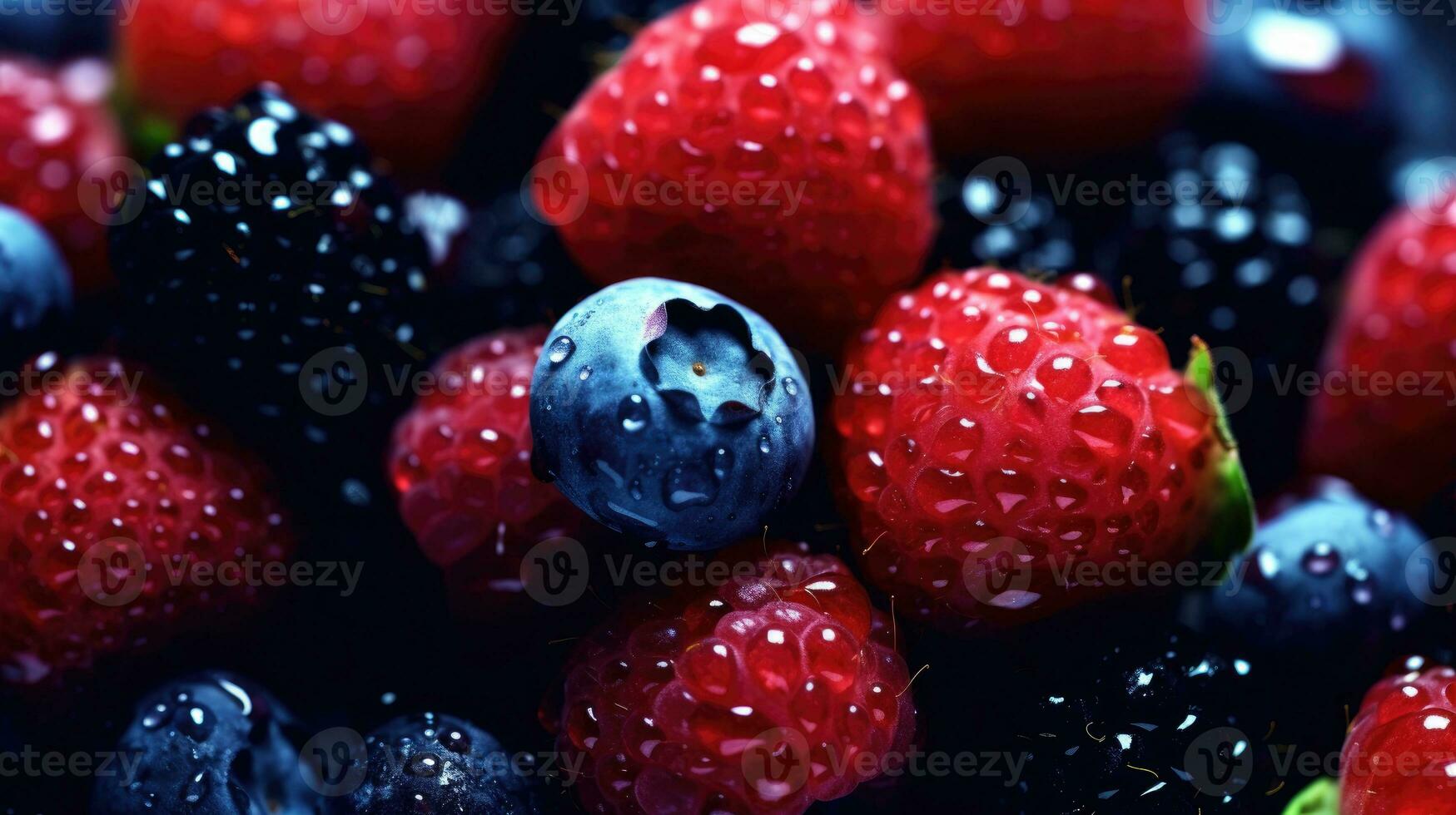 bakgrund av färsk bär med stänk av vatten. hallon, blåbär, jordgubbar och björnbär. generativ ai foto