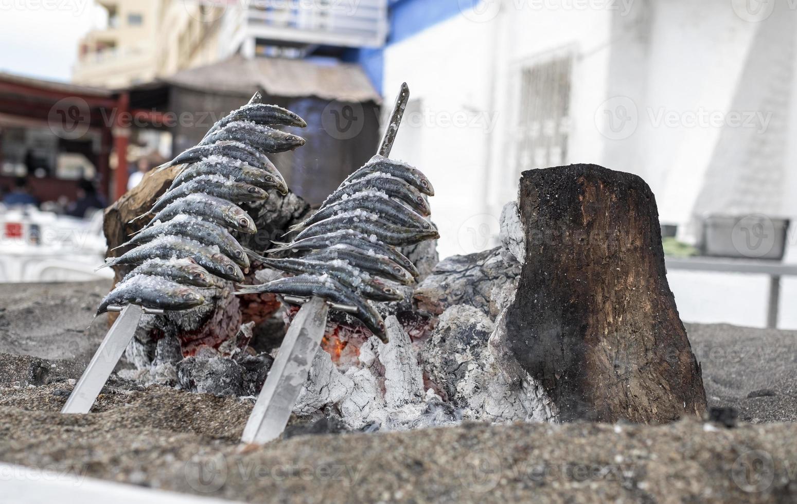 spettar av sardiner prickade över grillad jord på den spanska kusten foto