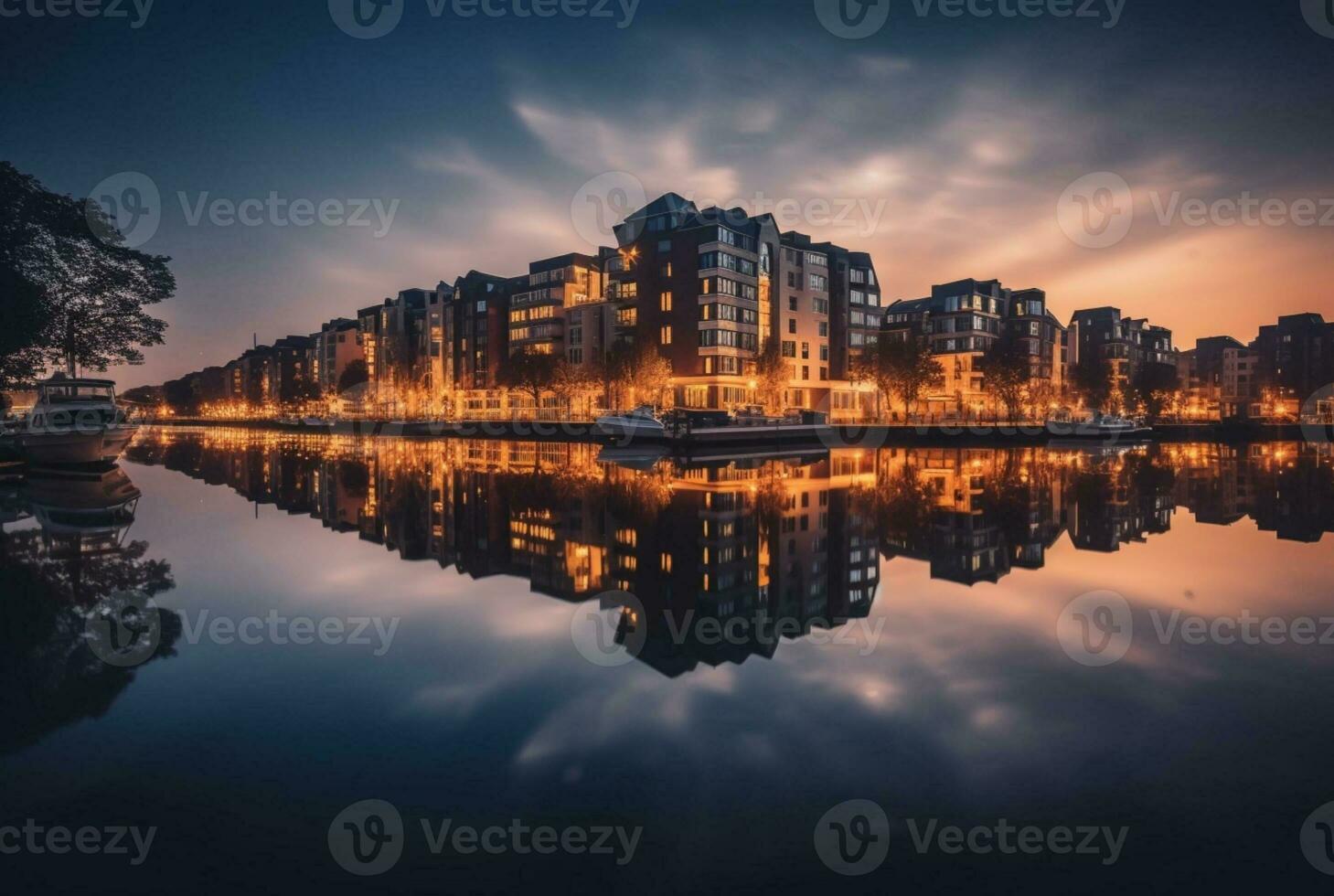 se av stad från tvärs över flod med reflexion, lång exponering. generativ ai foto