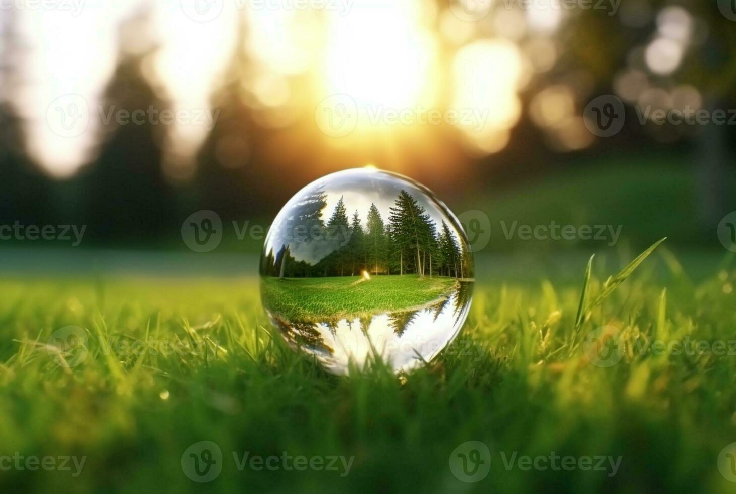 de glas boll på de grön gräs reflekterad natur landskap. generativ ai foto