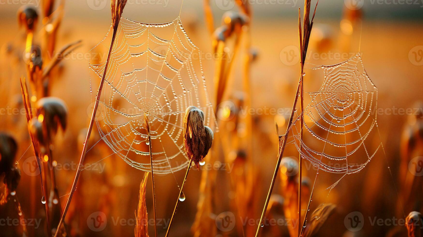 morgon- dagg på spindelnät, generativ ai foto