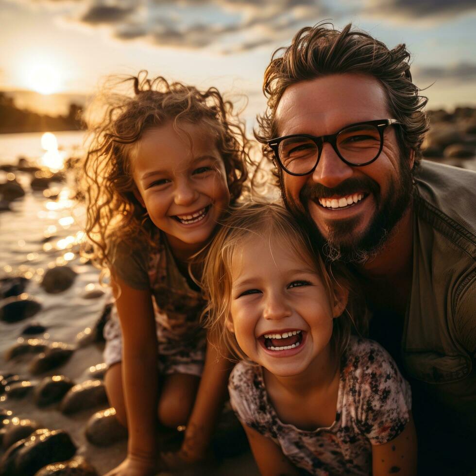 upphetsad familj tar en grupp selfie på de Strand foto