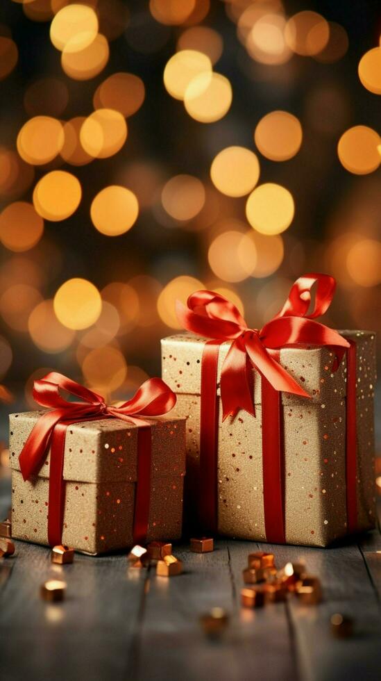 festlig glädje gåva lådor, röd pilbågar, skimrande bokeh lampor. jul och ny år. vertikal mobil tapet ai genererad foto