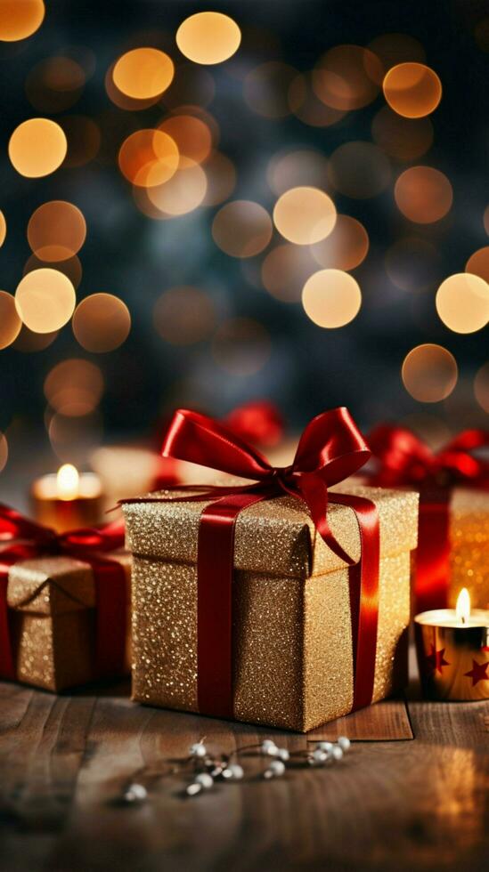 jul magi gåva lådor, röd pilbågar, tindra mitt i bokeh lampor' firande. vertikal mobil tapet ai genererad foto