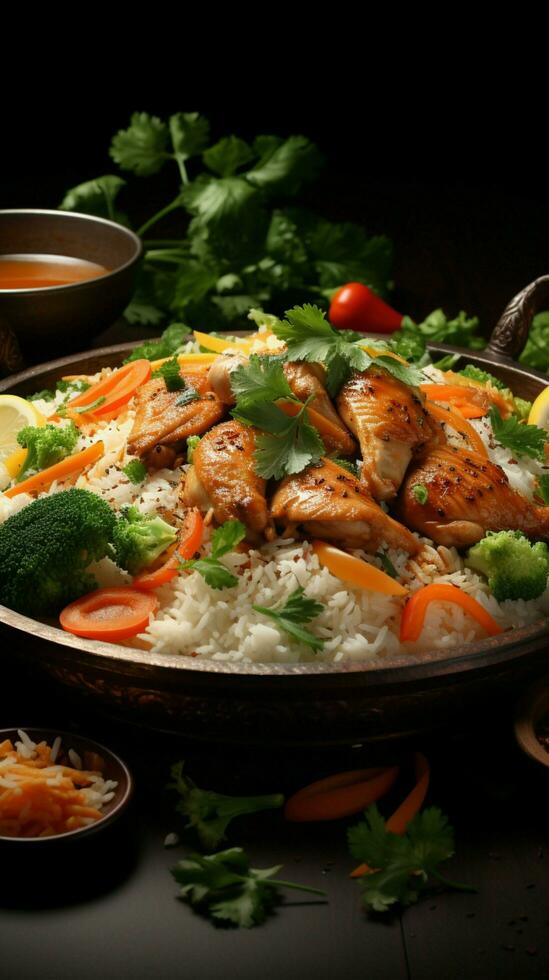 smakrik ensemble kyckling, grönsaker, och ris förena för en härlig och balanserad måltid vertikal mobil tapet ai genererad foto