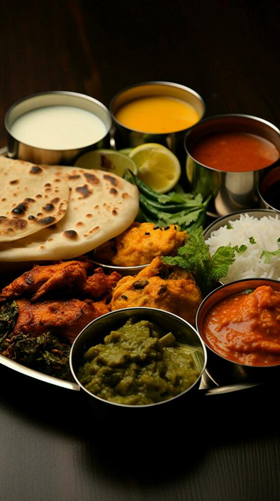 smakrik tallrik kyckling thali terar friterad kyckling, ägg curry, linser, biryani, roti, och lök vertikal mobil tapet ai genererad foto