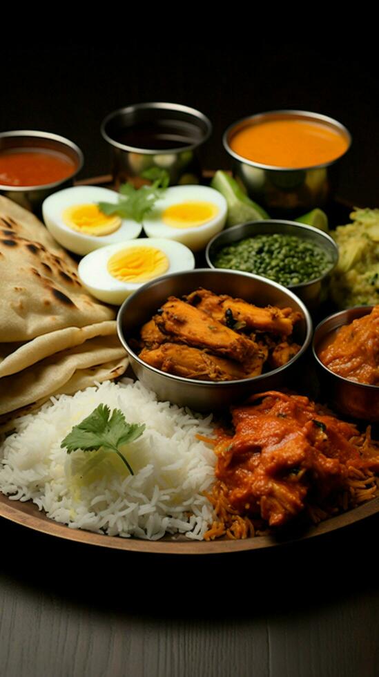 smakrik tallrik kyckling thali terar friterad kyckling, ägg curry, linser, biryani, roti, och lök vertikal mobil tapet ai genererad foto