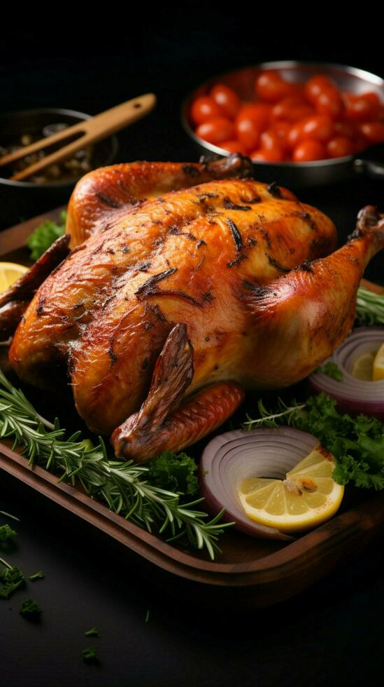 välsmakande glädje saftig rostad kyckling, dess smaker förbättrad förbi expert- krydda och matlagning vertikal mobil tapet ai genererad foto