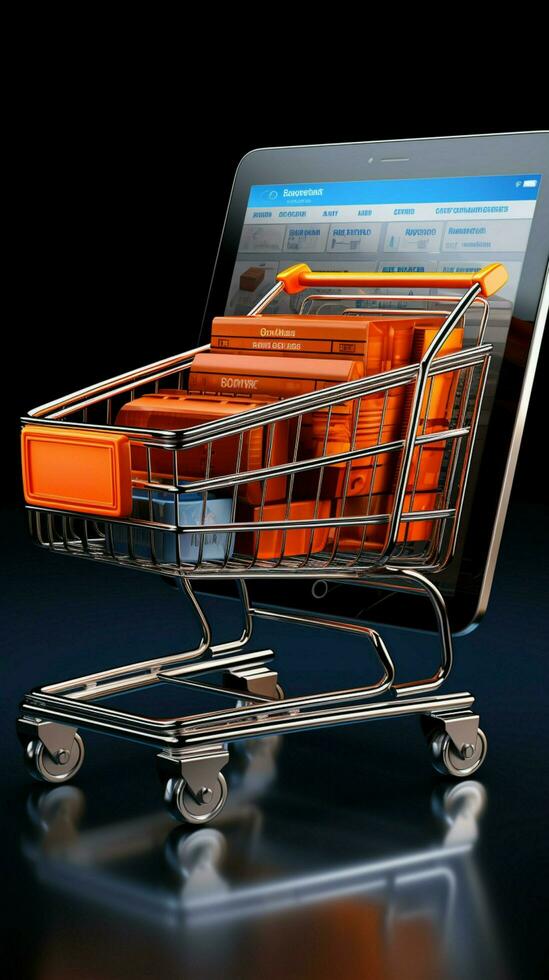 3d Urklipp integrerar handla vagn för organiserad uppkopplad köp. vertikal mobil tapet ai genererad foto