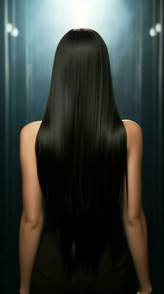 chic tillbaka profil kvinnors locka betonade förbi henne lång, hetero svart hår vertikal mobil tapet ai genererad foto