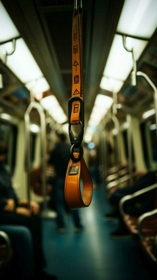 perspektiv på säkerhet suddig hand innehar tunnelbana rem, säkerställa säkra offentlig transport. vertikal mobil tapet ai genererad foto