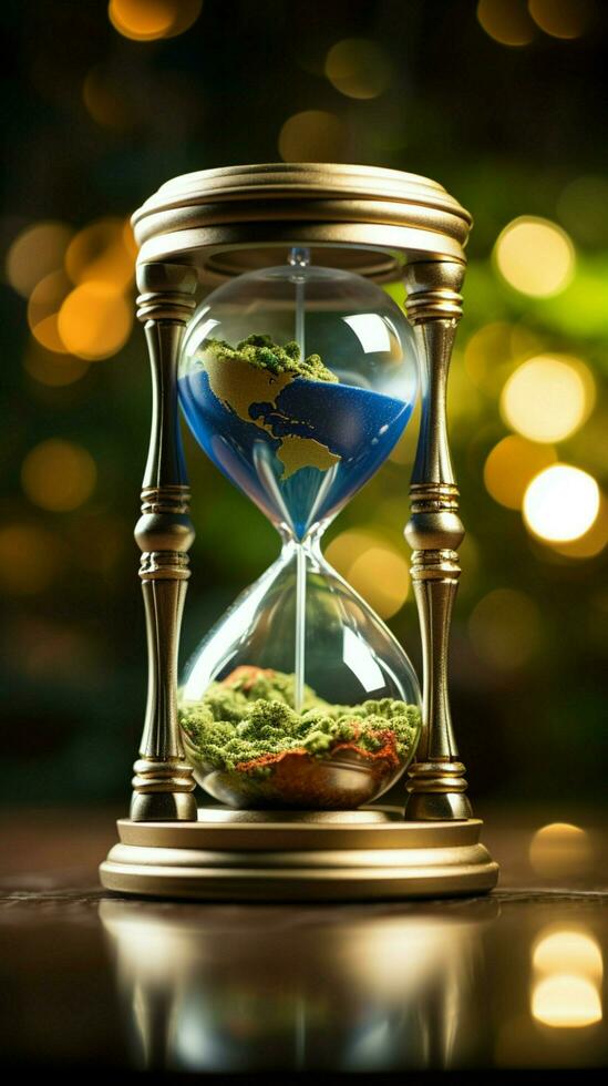 världens timer timglas med jord betecknar de brådskande global uppvärmningen utmaning vertikal mobil tapet ai genererad foto