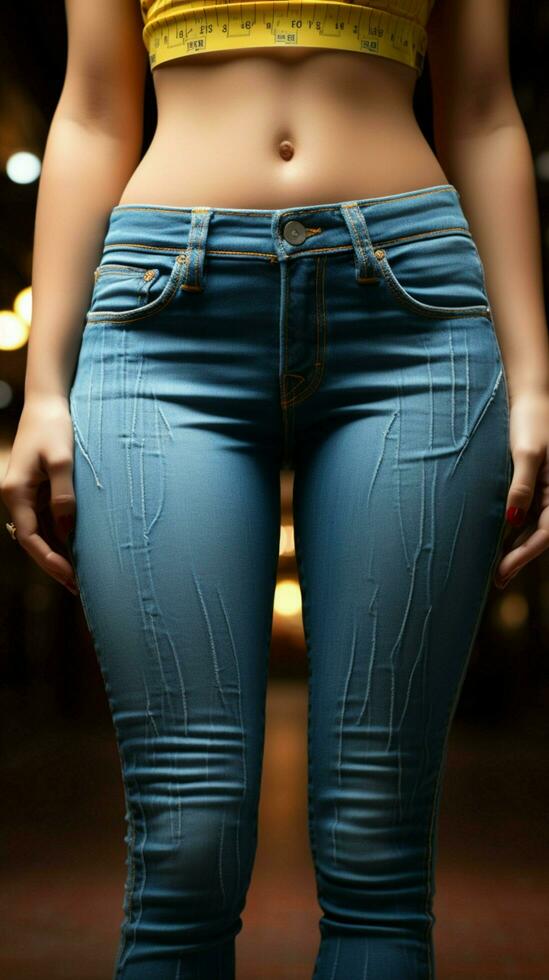 inpassad jeans illustrera kvinnors imponerande vikt förlust prestation, en synlig omvandling vertikal mobil tapet ai genererad foto