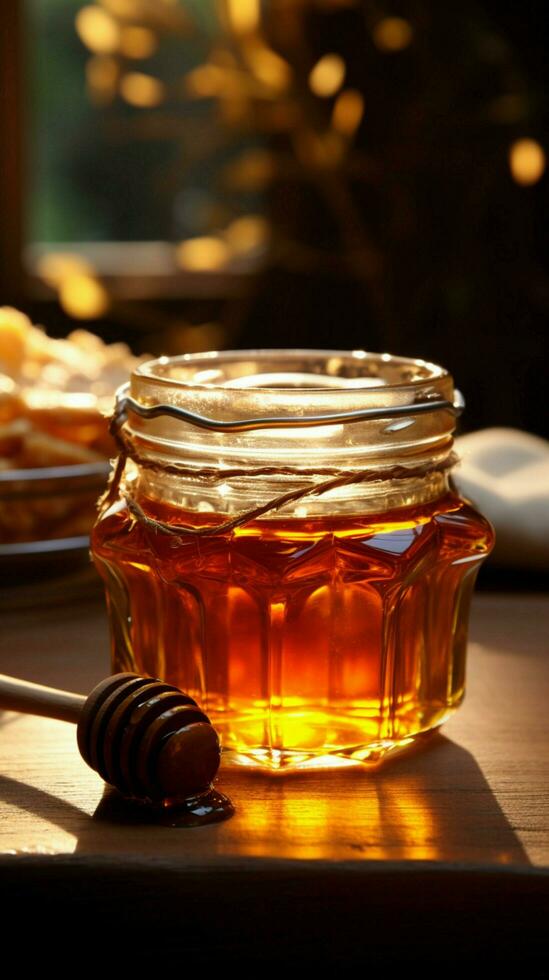 gyllene honung fyllningar glas burk, vilar på en rustik trä- tabell vertikal mobil tapet ai genererad foto