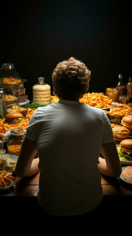 fattig diet- vanor bak- se av man äter ohälsosam mat, främja medvetenhet vertikal mobil tapet ai genererad foto