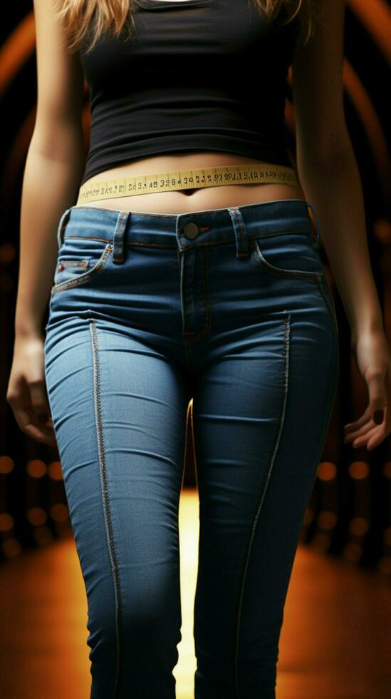 framgångsrik resa kvinnors jeans passa vackert posta vikt förlust, en personlig triumf vertikal mobil tapet ai genererad foto