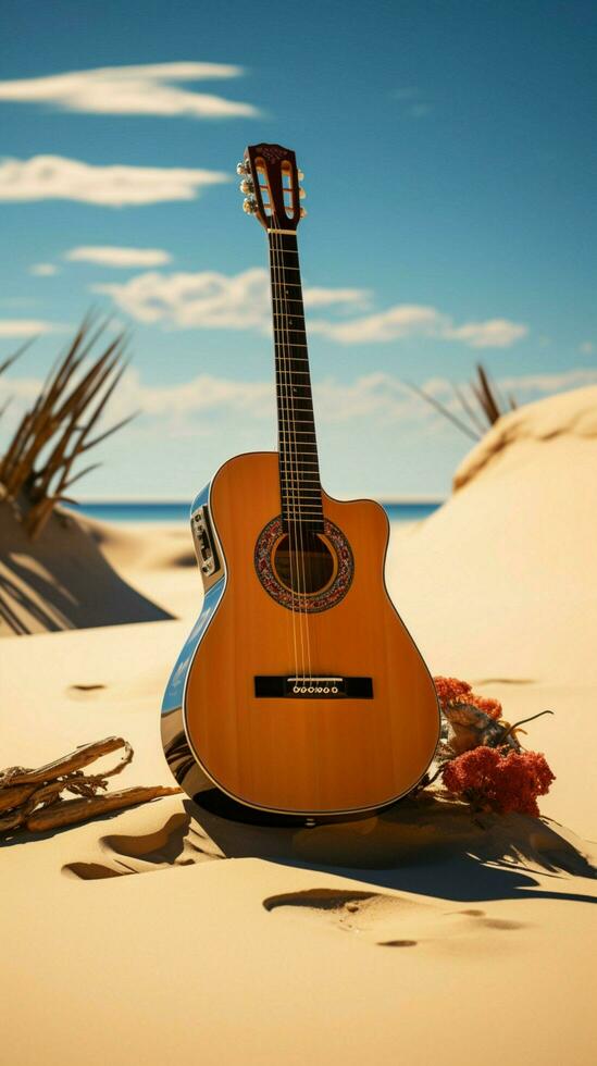 en ensam akustisk gitarr står lång, serenading de sandstrand med dess melodier. vertikal mobil tapet ai genererad foto