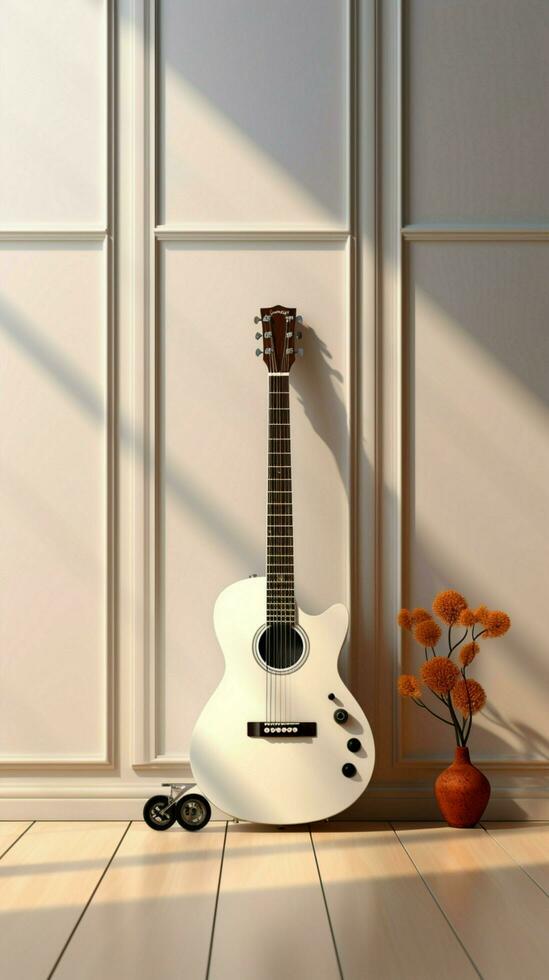 en symfoni i enkelhet gitarr, nycklar, och en vit duk i perfekt balans. vertikal mobil tapet ai genererad foto