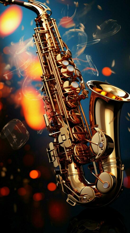 saxofoner glimt med gyllene melodier mitt i en vibrerande hav av musikalisk anteckningar. vertikal mobil tapet ai genererad foto