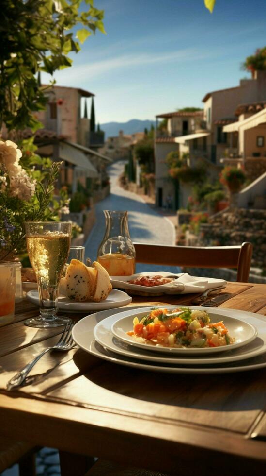 al fresk dining på en medelhavs restaurang, ett inbjudande utomhus- middag miljö vertikal mobil tapet ai genererad foto