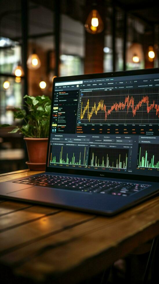 bärbar dator skärm visas marknadsföring grafer som börja anställda arbete över tid i de kontor vertikal mobil tapet ai genererad foto