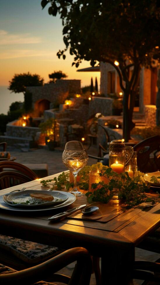 medelhavs restaurang atmosfär ett utomhus- middag vertikal mobil tapet ai genererad foto