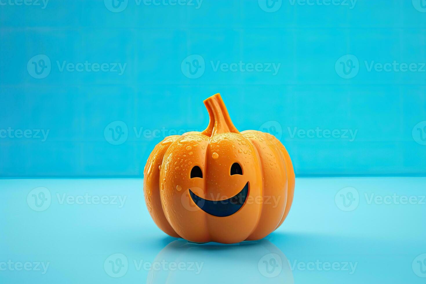 halloween pumpa på en blå bakgrund. 3d framställa illustration. ai genererad. foto