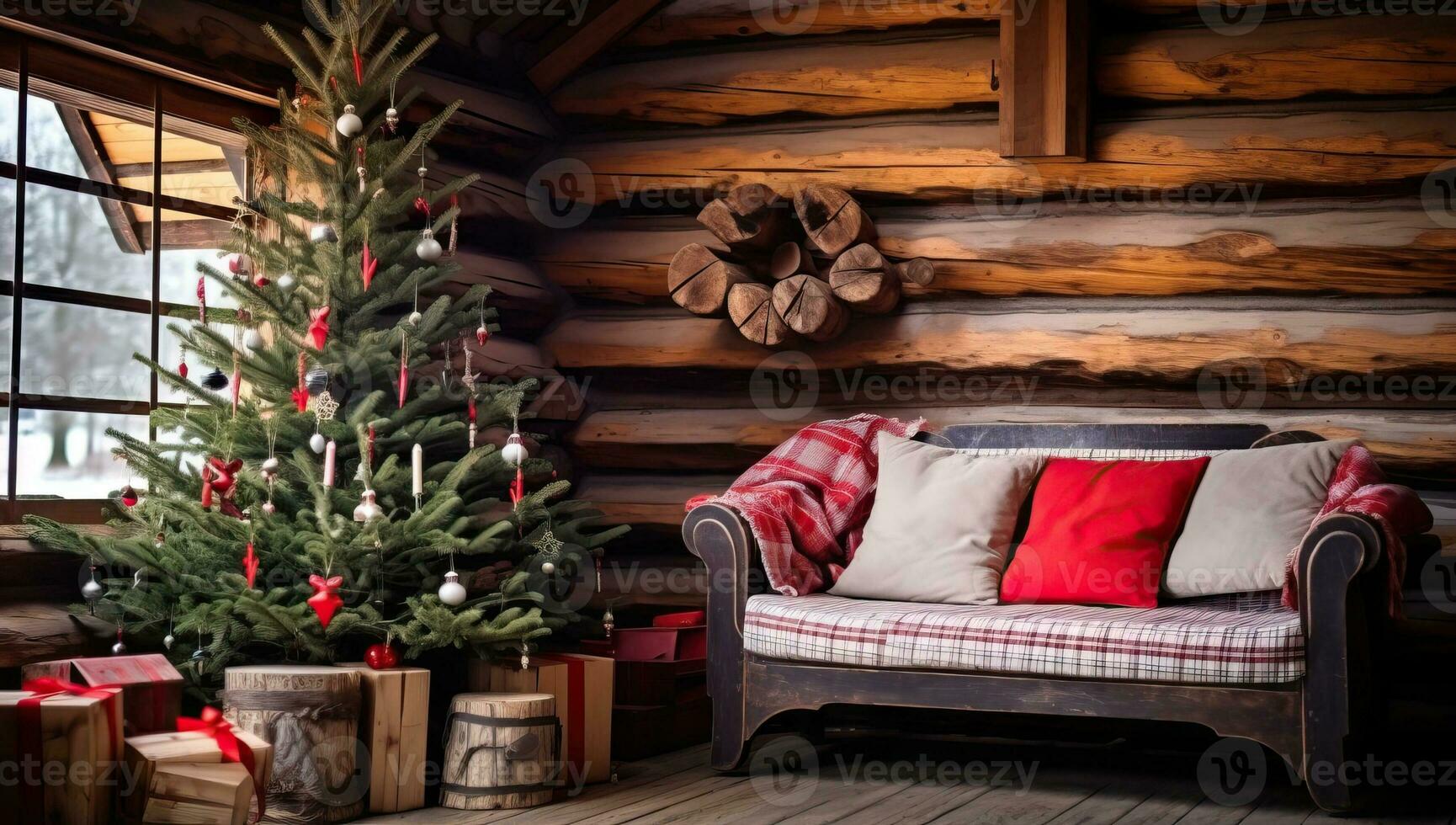 jul träd med presenterar i de interiör av en trä- hus. jul bakgrund. ai genererad. foto