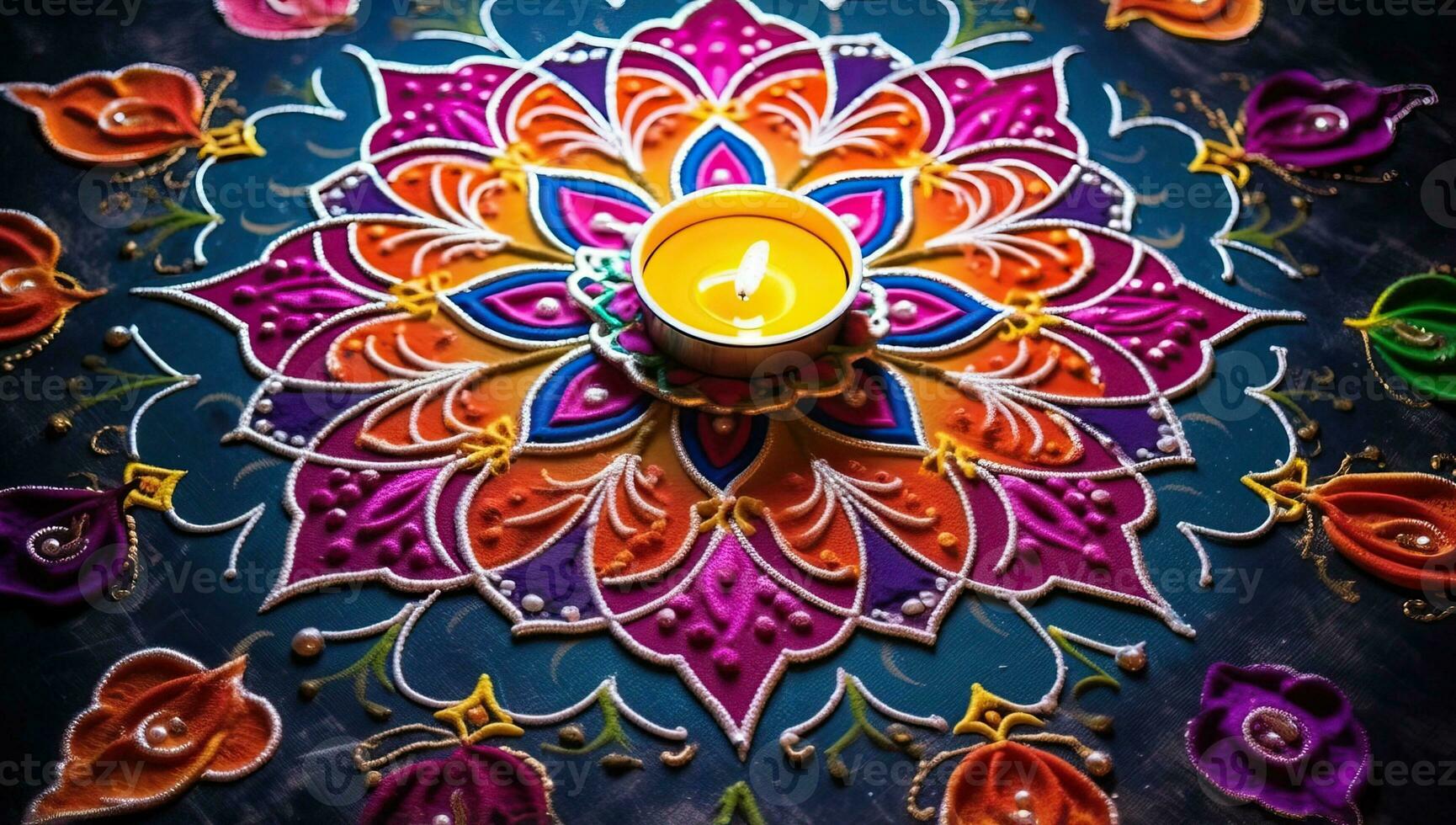 färgrik diya lampor belyst under diwali firande i Indien. ai genererad. foto