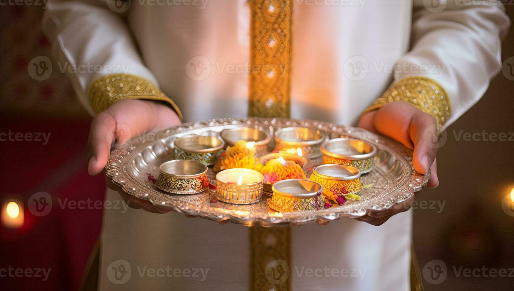 stänga upp av de händer av en man innehav en skål med brinnande ljus för diwali. ai genererad. foto