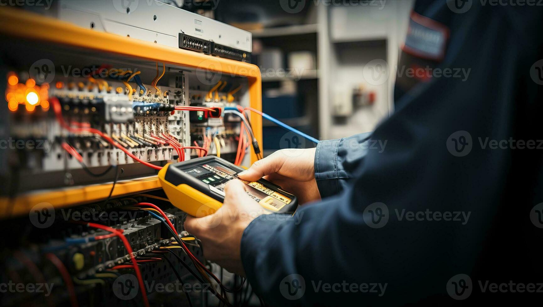 elektriker kontroll Spänning i elektrisk panel med digital multimeter. elektrisk bakgrund. ai genererad. foto