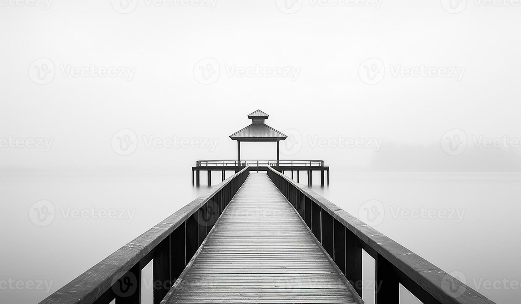 trä- bro i de dimma över de hav. ai genererad foto