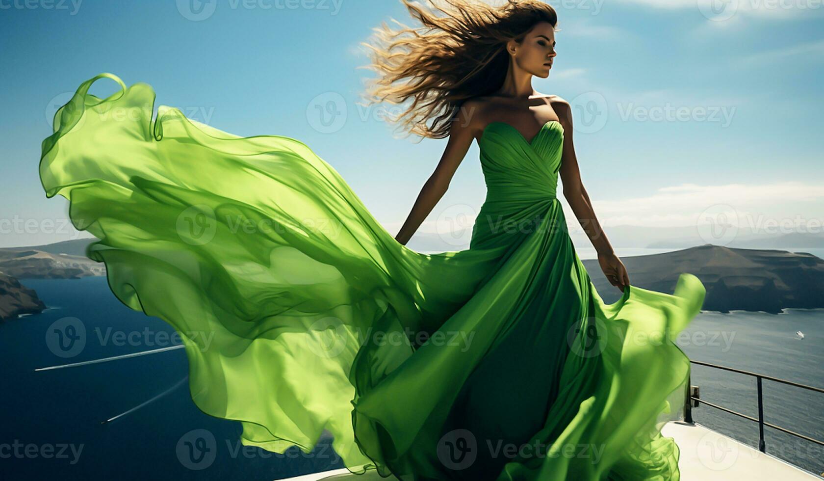 kvinna med skön lång silke klänning fladdrande i de vind. ai genererad foto