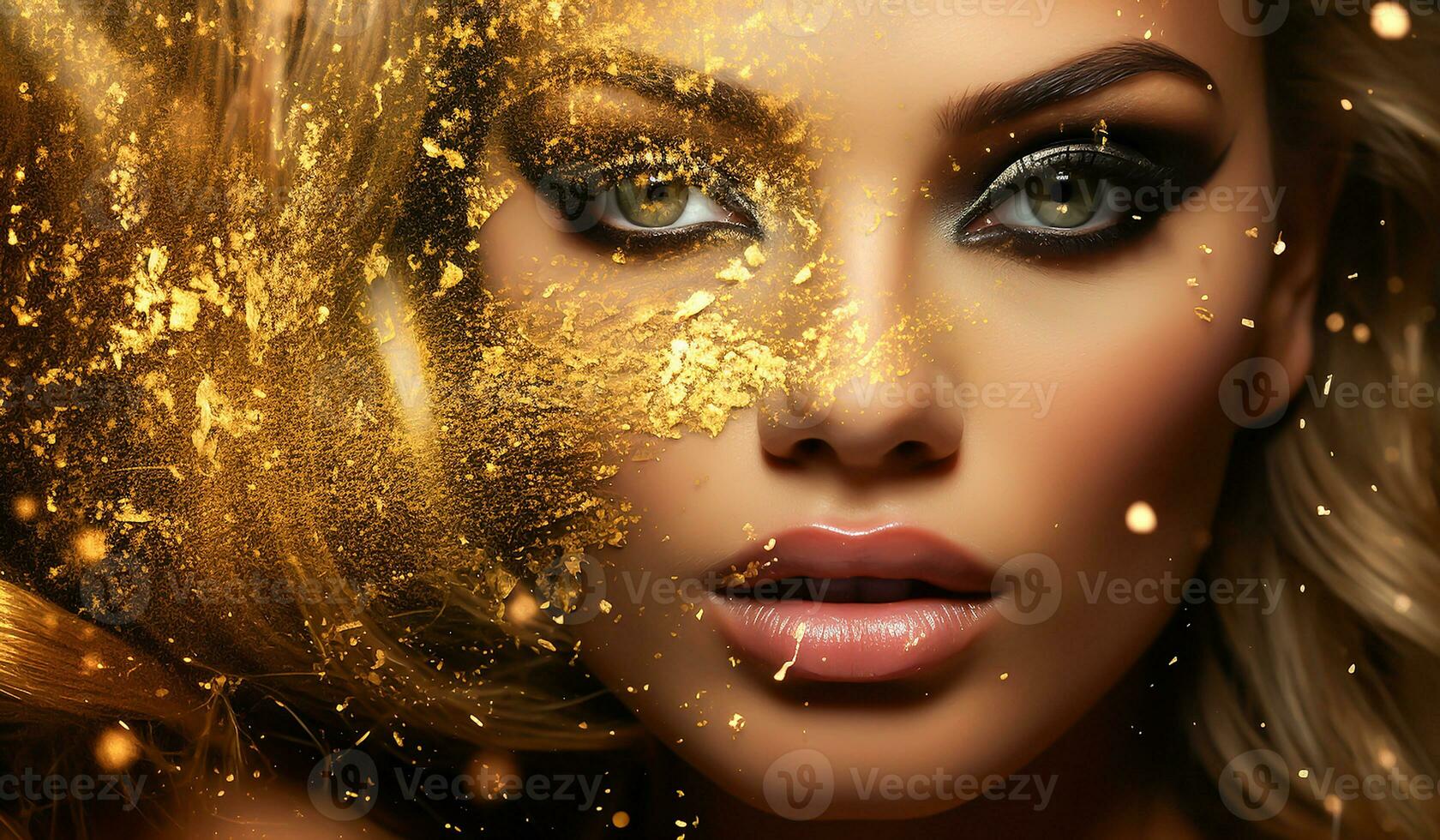 porträtt av en mycket skön kvinna med gyllene smink. ai genererad foto